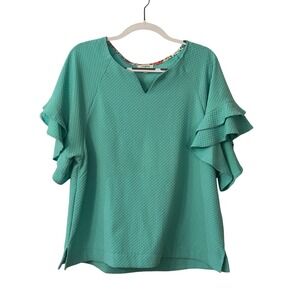 Umgee Ruffle Sleeve Top Textured V-Neck Blouse Floral Trim‎ Teal Size M